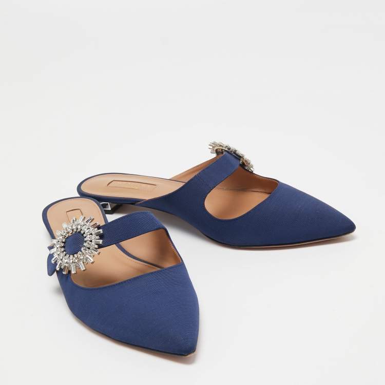Pre Owned Aquazzura Navy Blue Canvas Crystal Embellished Blossom Flat Mules Size 39.5