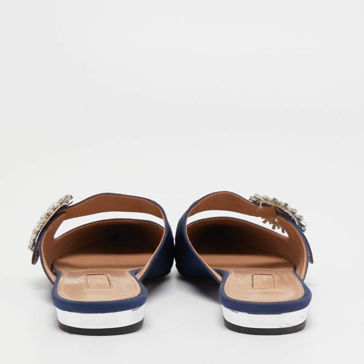 Pre Owned Aquazzura Navy Blue Canvas Crystal Embellished Blossom Flat Mules Size 39.5