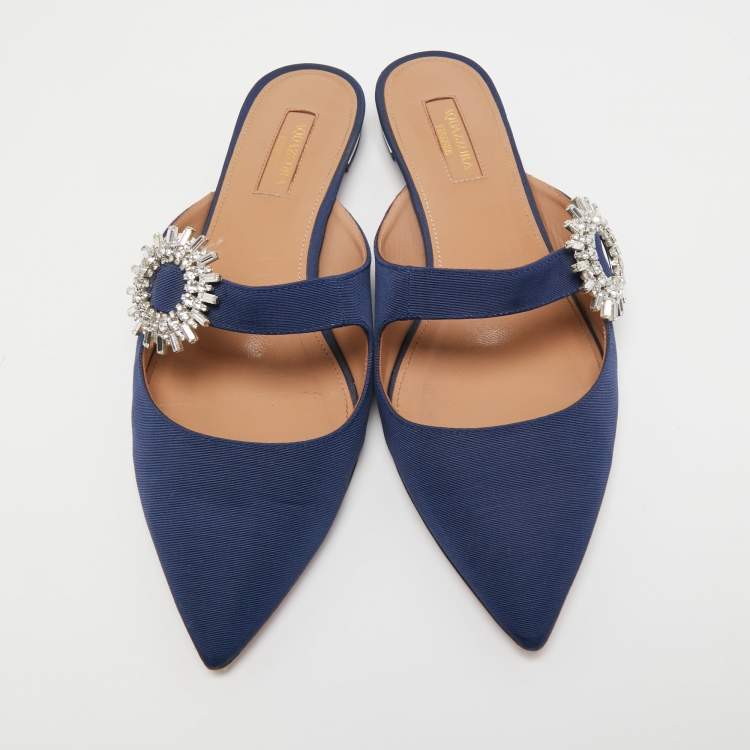 Pre Owned Aquazzura Navy Blue Canvas Crystal Embellished Blossom Flat Mules Size 39.5