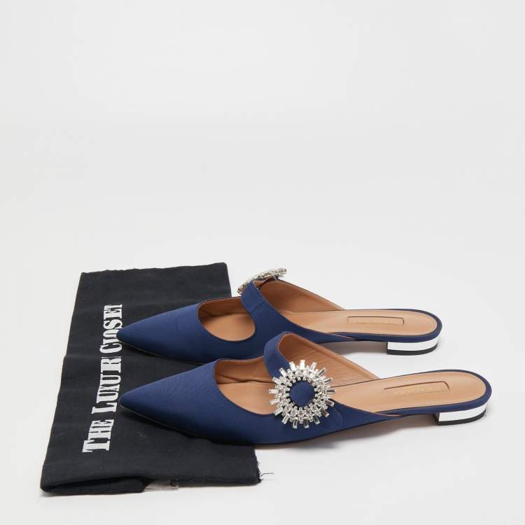 Pre Owned Aquazzura Navy Blue Canvas Crystal Embellished Blossom Flat Mules Size 39.5
