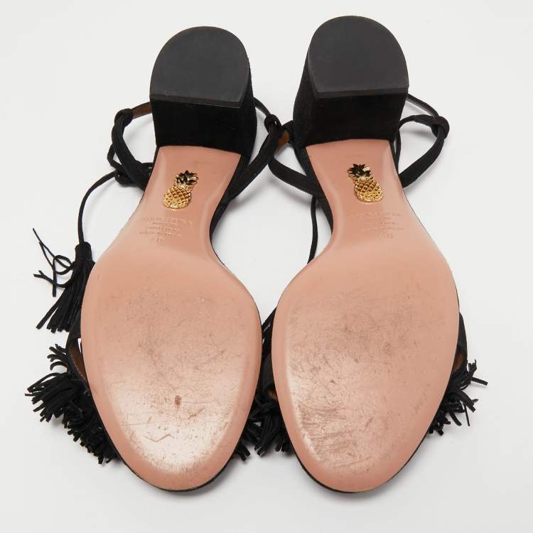 مملوكة مسبقًا Aquazzura Black Suede Wild Thing Fringe Ankle Wrap Sandals Size 40