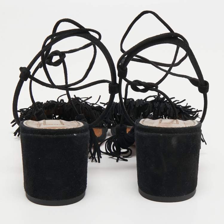مملوكة مسبقًا Aquazzura Black Suede Wild Thing Fringe Ankle Wrap Sandals Size 40