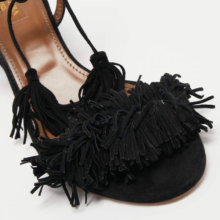 مملوكة مسبقًا Aquazzura Black Suede Wild Thing Fringe Ankle Wrap Sandals Size 40