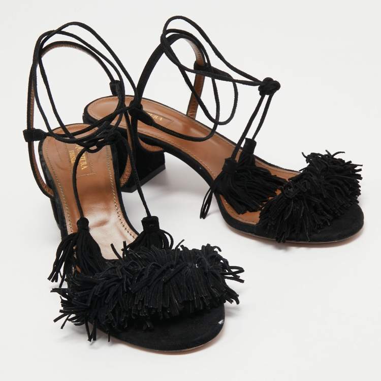 مملوكة مسبقًا Aquazzura Black Suede Wild Thing Fringe Ankle Wrap Sandals Size 40