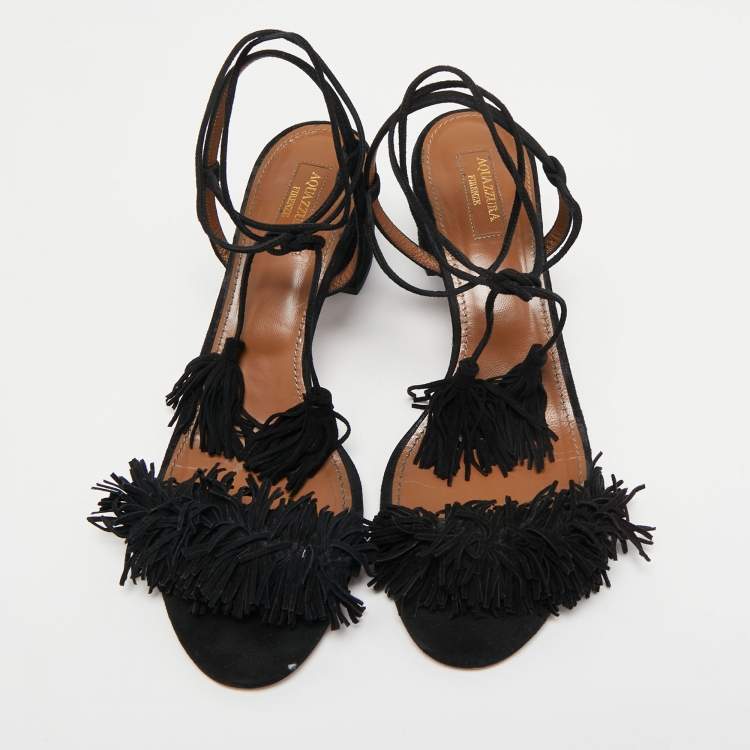 مملوكة مسبقًا Aquazzura Black Suede Wild Thing Fringe Ankle Wrap Sandals Size 40