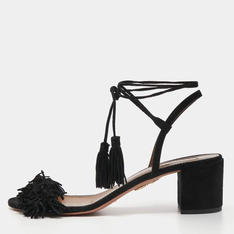 مملوكة مسبقًا Aquazzura Black Suede Wild Thing Fringe Ankle Wrap Sandals Size 40