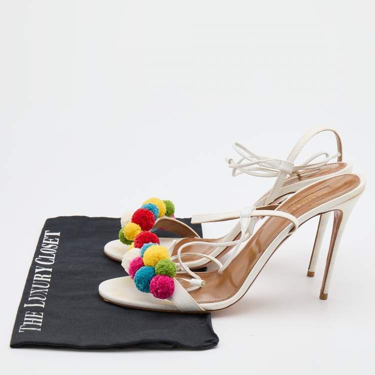 مملوكة مسبقًا Aquazzura White Raffia and Leather Disco Thing Ankle Wrap Sandals Size 42