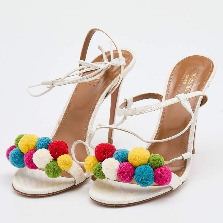 مملوكة مسبقًا Aquazzura White Raffia and Leather Disco Thing Ankle Wrap Sandals Size 42
