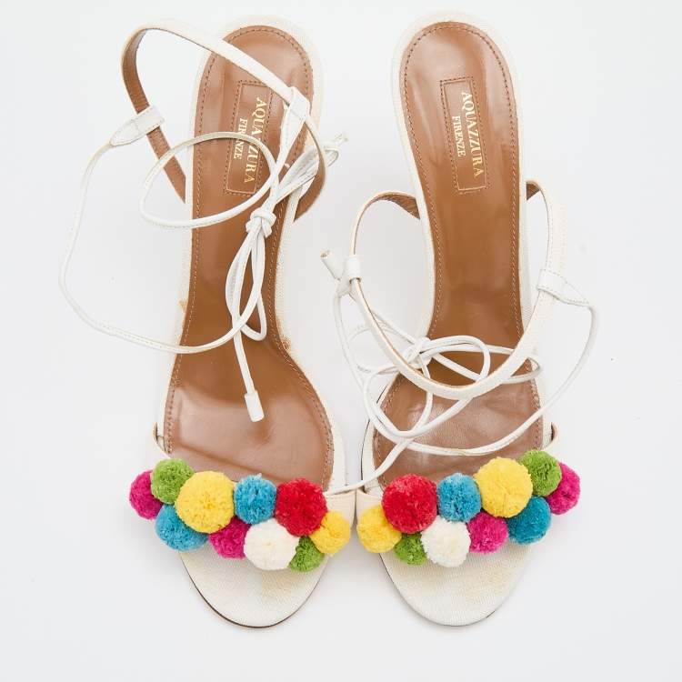 مملوكة مسبقًا Aquazzura White Raffia and Leather Disco Thing Ankle Wrap Sandals Size 42