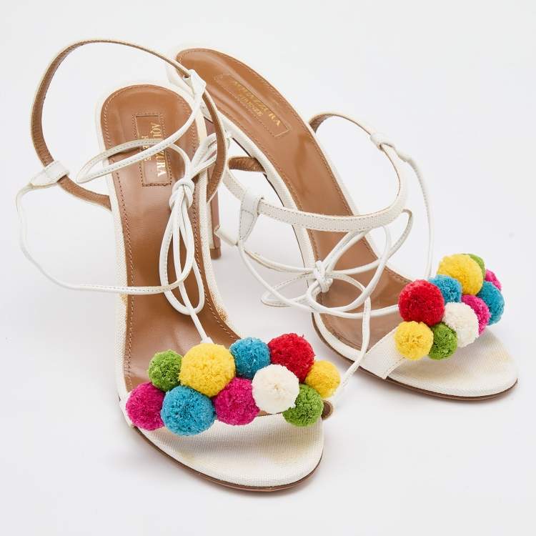مملوكة مسبقًا Aquazzura White Raffia and Leather Disco Thing Ankle Wrap Sandals Size 42