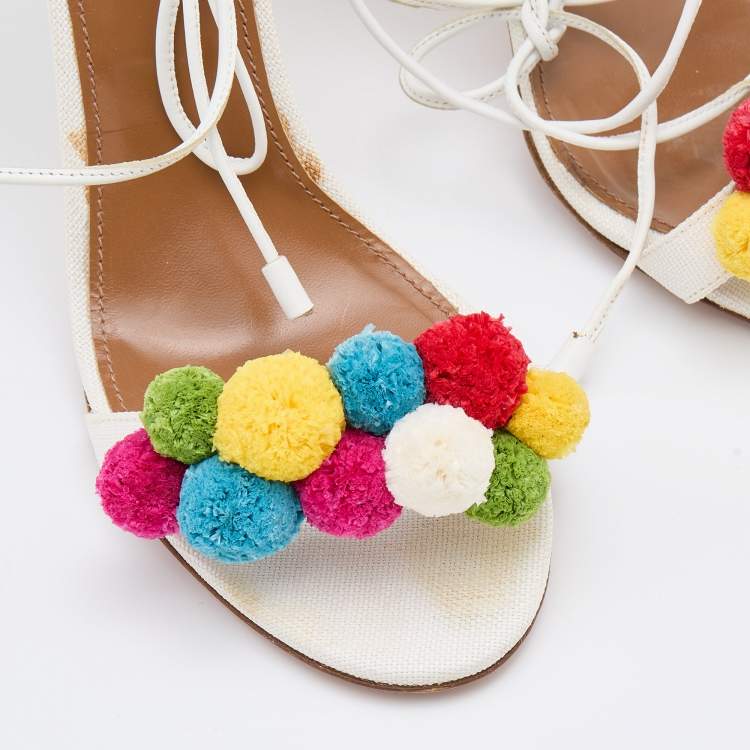 مملوكة مسبقًا Aquazzura White Raffia and Leather Disco Thing Ankle Wrap Sandals Size 42