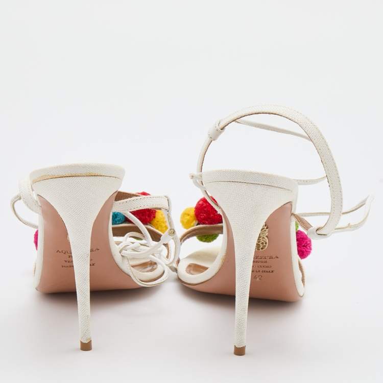 مملوكة مسبقًا Aquazzura White Raffia and Leather Disco Thing Ankle Wrap Sandals Size 42