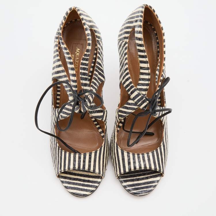 Pre Owned Aquazzura Black/White Snakeskin Leather C'est Chic Ankle Strappy Sandals Size 39
