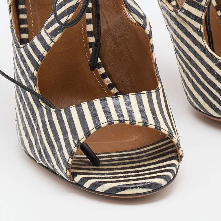 Pre Owned Aquazzura Black/White Snakeskin Leather C'est Chic Ankle Strappy Sandals Size 39