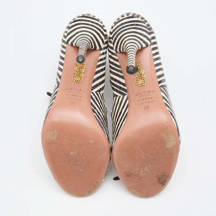 Pre Owned Aquazzura Black/White Snakeskin Leather C'est Chic Ankle Strappy Sandals Size 39