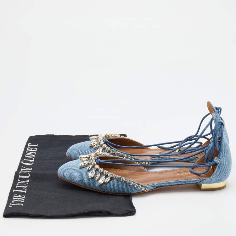 مملوكة مسبقًا Aquazzura Light Blue Denim Alexa Crystal Embellished Ankle Tie Up Flats Size 36.5