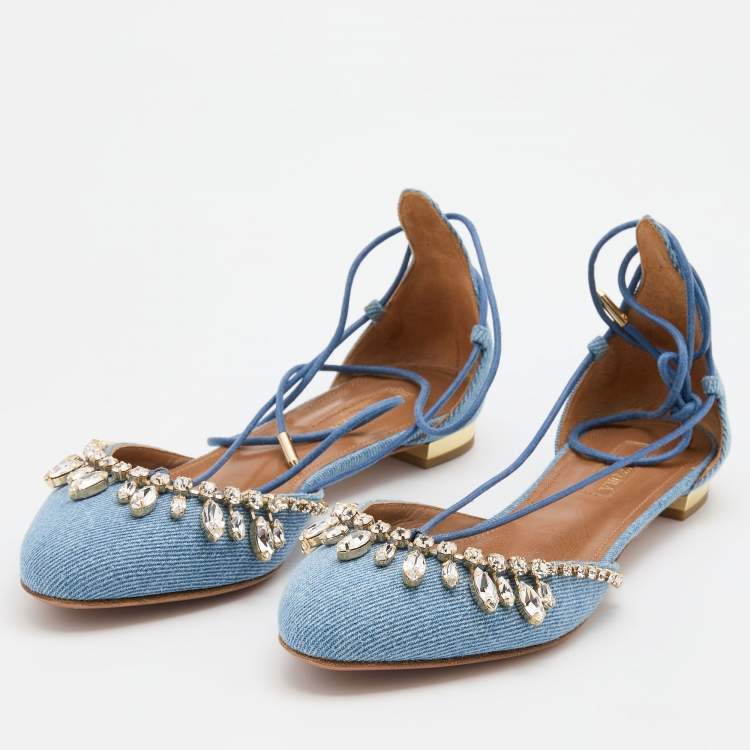 مملوكة مسبقًا Aquazzura Light Blue Denim Alexa Crystal Embellished Ankle Tie Up Flats Size 36.5