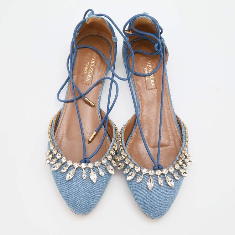 مملوكة مسبقًا Aquazzura Light Blue Denim Alexa Crystal Embellished Ankle Tie Up Flats Size 36.5