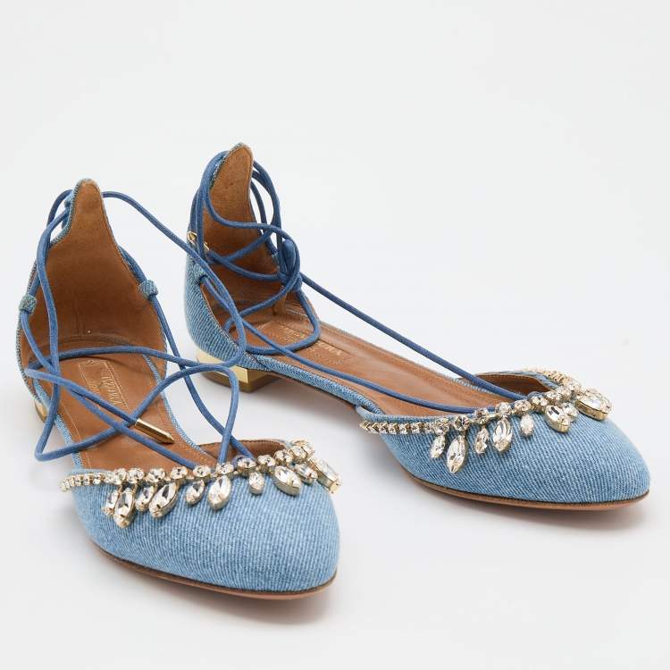 مملوكة مسبقًا Aquazzura Light Blue Denim Alexa Crystal Embellished Ankle Tie Up Flats Size 36.5