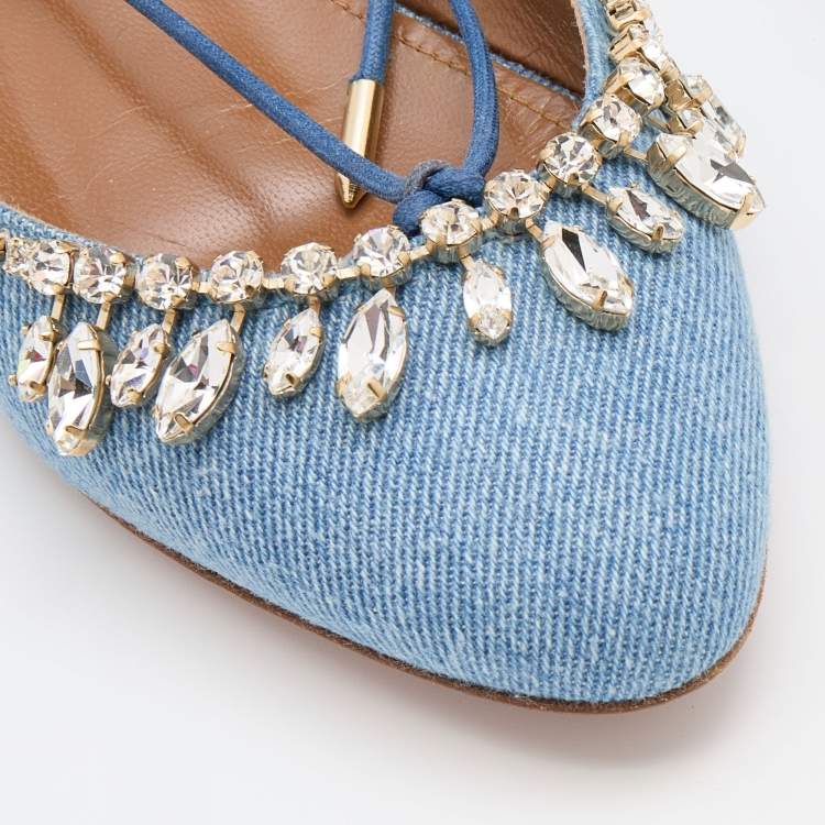 مملوكة مسبقًا Aquazzura Light Blue Denim Alexa Crystal Embellished Ankle Tie Up Flats Size 36.5