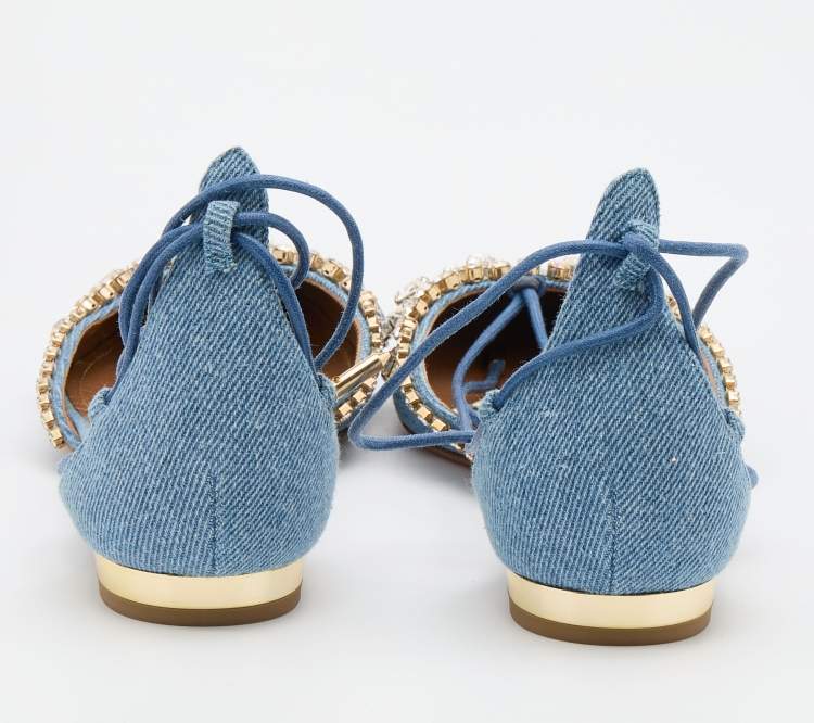 مملوكة مسبقًا Aquazzura Light Blue Denim Alexa Crystal Embellished Ankle Tie Up Flats Size 36.5