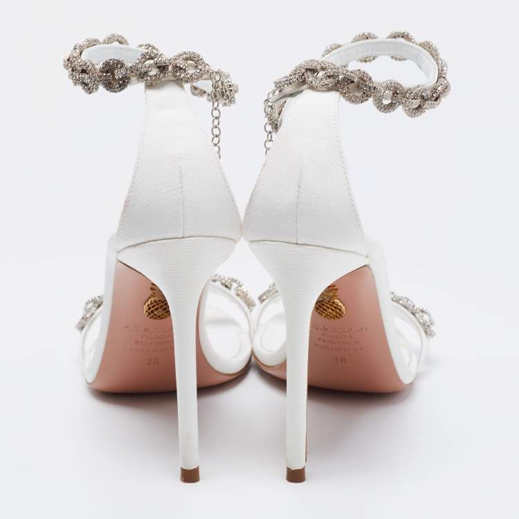 Pre Owned Aquazzura White Fabric Love Link Ankle Strap Sandals Size 38