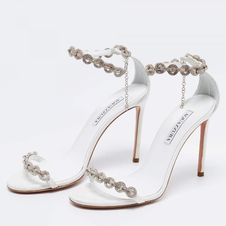 Pre Owned Aquazzura White Fabric Love Link Ankle Strap Sandals Size 38