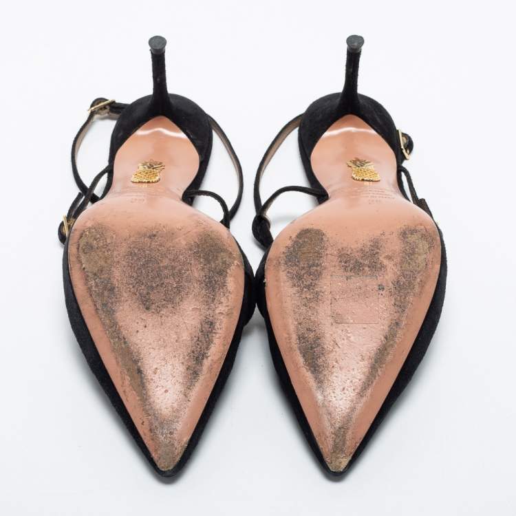 مملوكة مسبقًا Aquazzura Black Suede Ankle Strap Pointed Toe Pumps Size 38