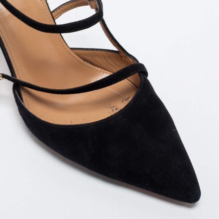 مملوكة مسبقًا Aquazzura Black Suede Ankle Strap Pointed Toe Pumps Size 38