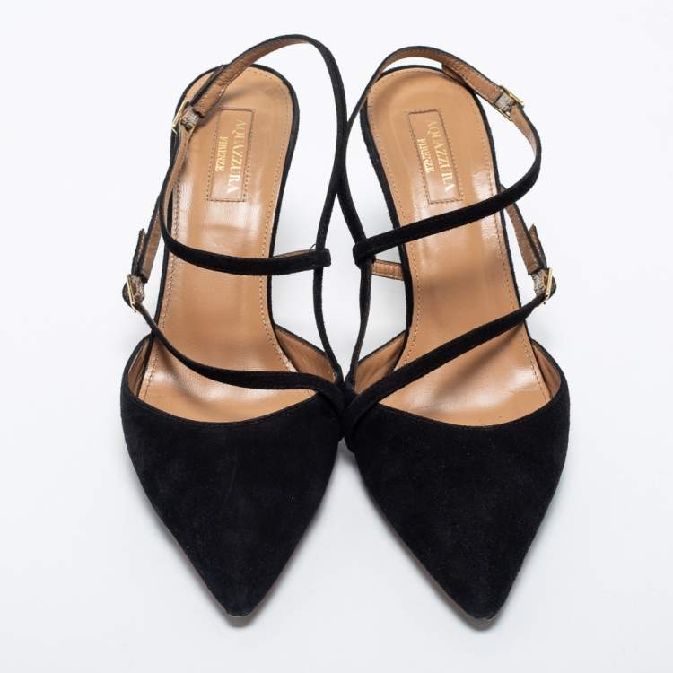 مملوكة مسبقًا Aquazzura Black Suede Ankle Strap Pointed Toe Pumps Size 38