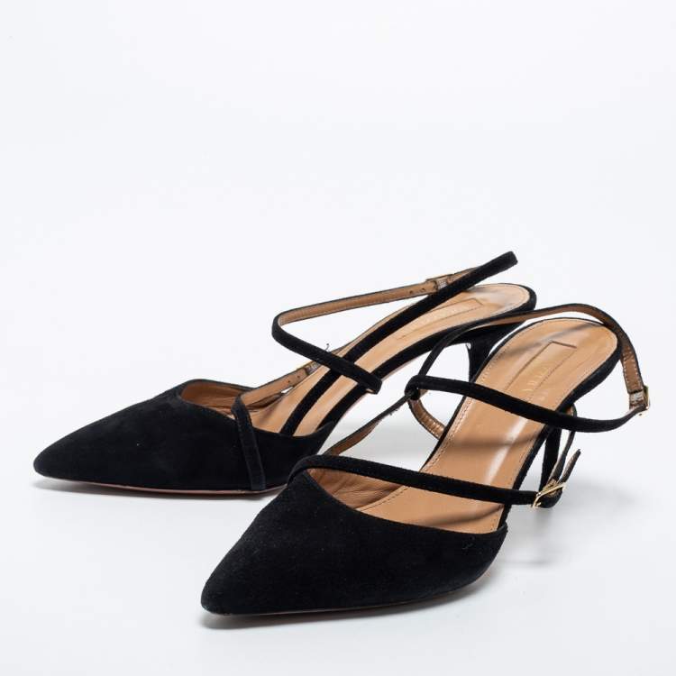 مملوكة مسبقًا Aquazzura Black Suede Ankle Strap Pointed Toe Pumps Size 38