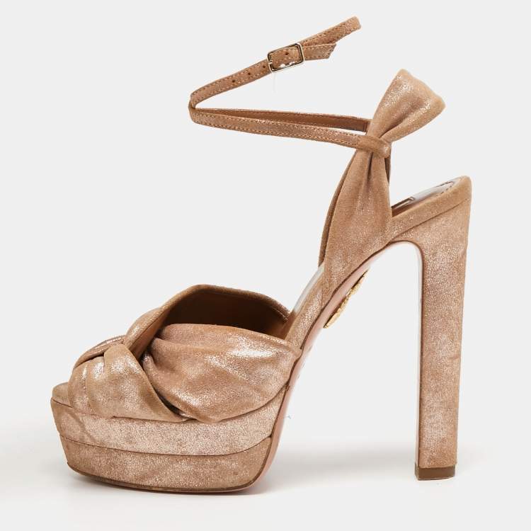 Pre Owned Aquazzura Metallic Pink Laminated Suede Ankle Strap Platform Sandals Size 36.5