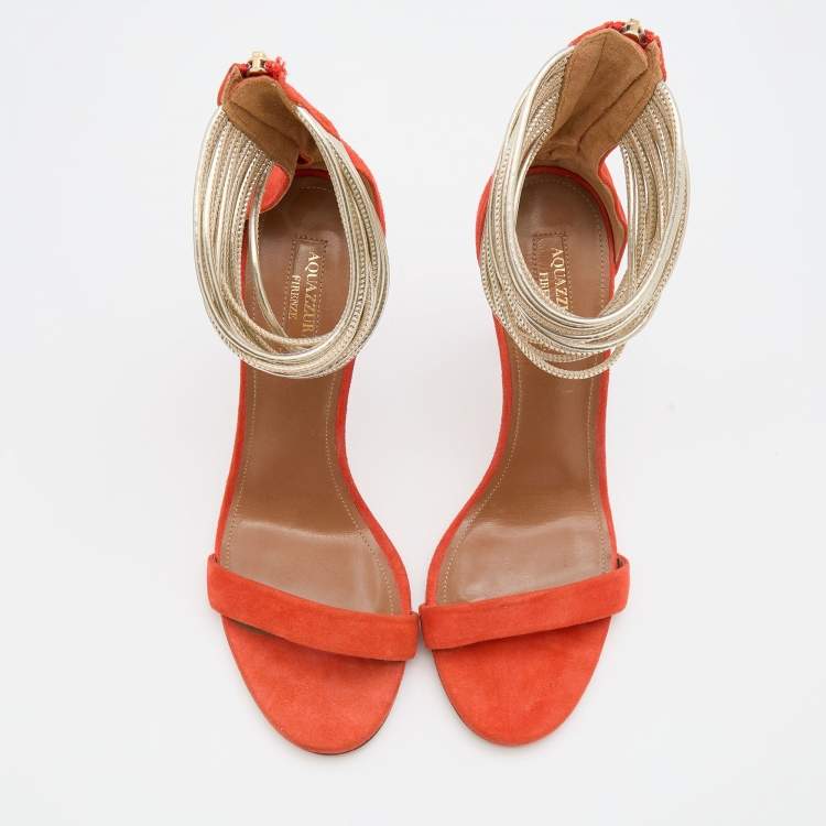 Pre Owned Aquazzura Orange Suede Spin Me Around Ankle Cuff Sandals Size 38