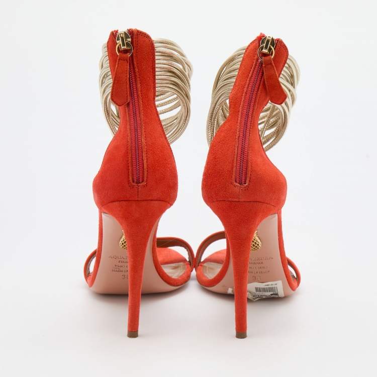 Pre Owned Aquazzura Orange Suede Spin Me Around Ankle Cuff Sandals Size 38