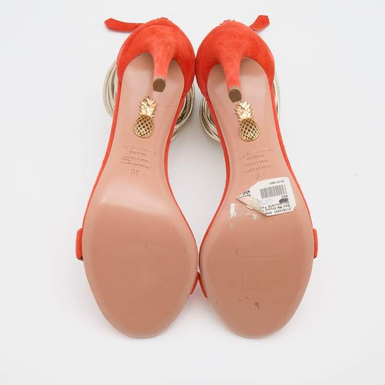 Pre Owned Aquazzura Orange Suede Spin Me Around Ankle Cuff Sandals Size 38