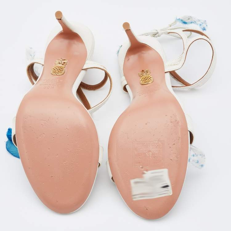 مملوكة مسبقًا Aquazzura White/Blue Raffia and Floral Applique Fabric Ankle Strap Sandals Size 38.5