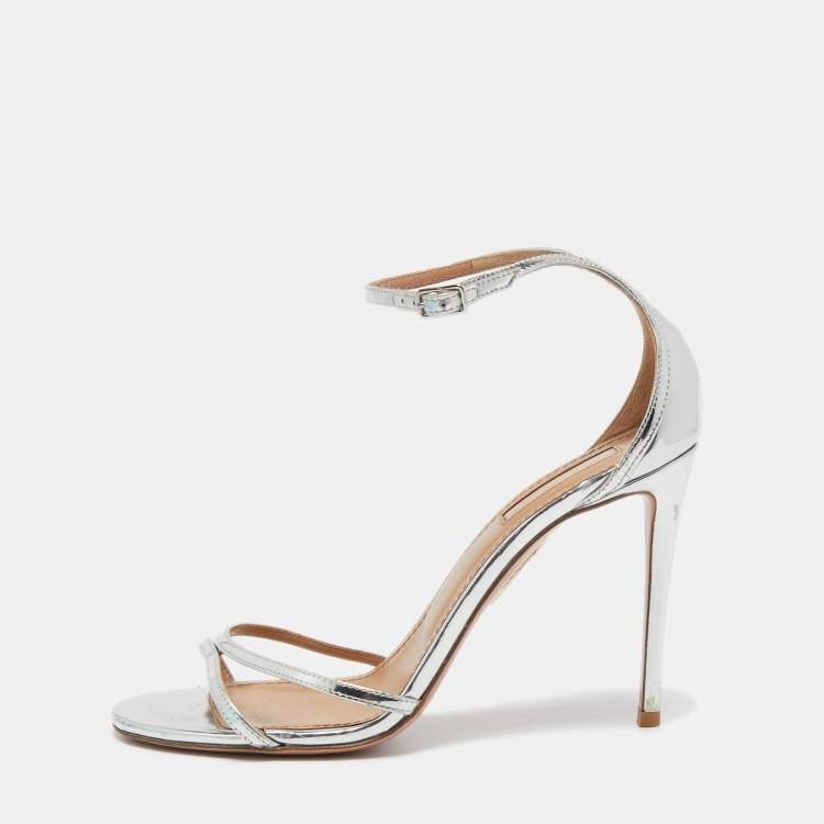 Pre Owned Aquazzura Silver Leather Ankle Strap Sandals Size 38