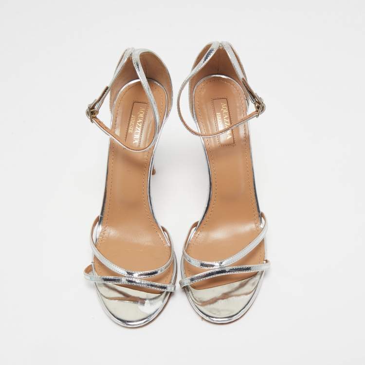 Pre Owned Aquazzura Silver Leather Ankle Strap Sandals Size 38