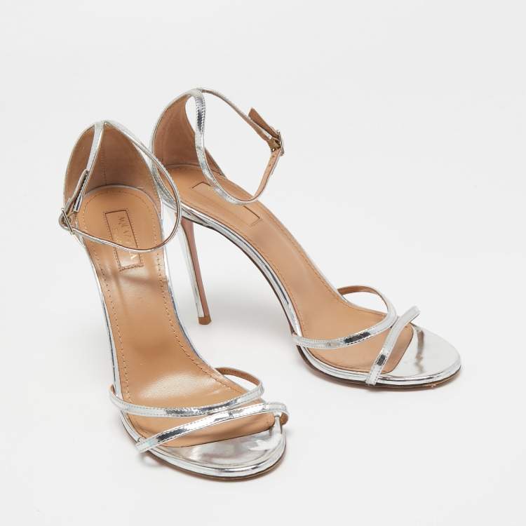 Pre Owned Aquazzura Silver Leather Ankle Strap Sandals Size 38