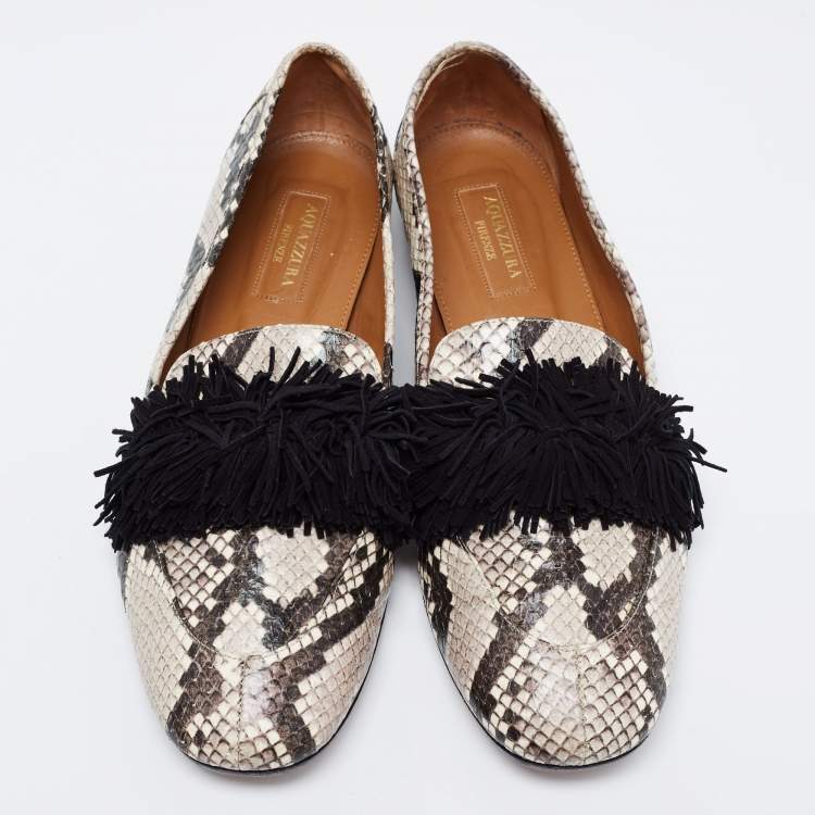 Pre Owned Aquazzura Beige/Brown Python Embossed Leather Ballet Flats Size 38