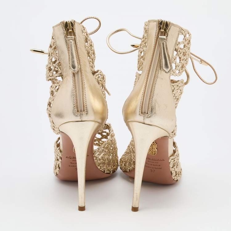 Pre Owned Aquazzura Gold Woven Leather Ankle Tie Up Sandals Size 37