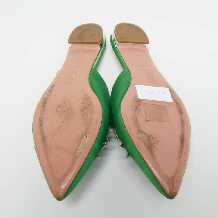 Pre Owned Aquazzura Green Satin Crystal Embellished Spider Pointed Toe Flat Mules Size 40
