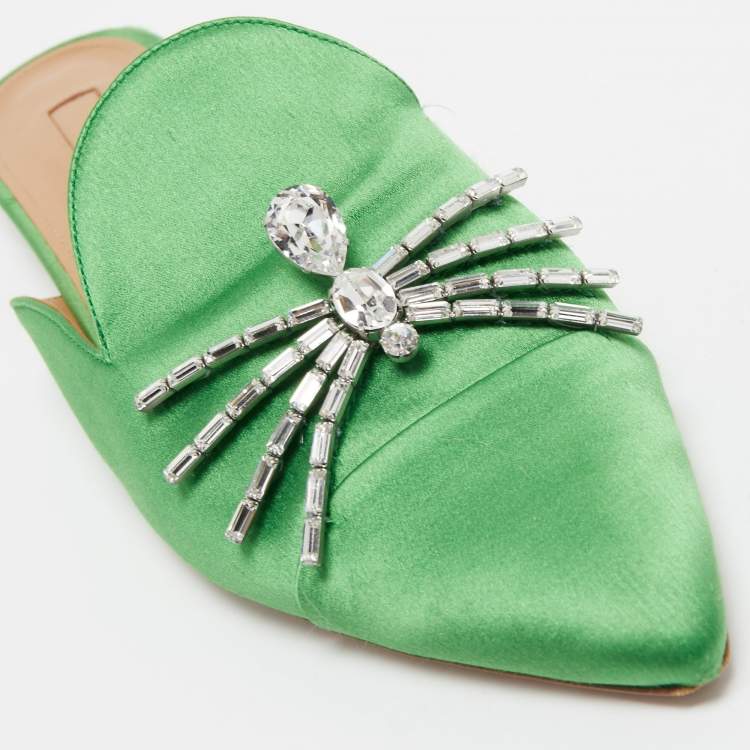 Pre Owned Aquazzura Green Satin Crystal Embellished Spider Pointed Toe Flat Mules Size 40