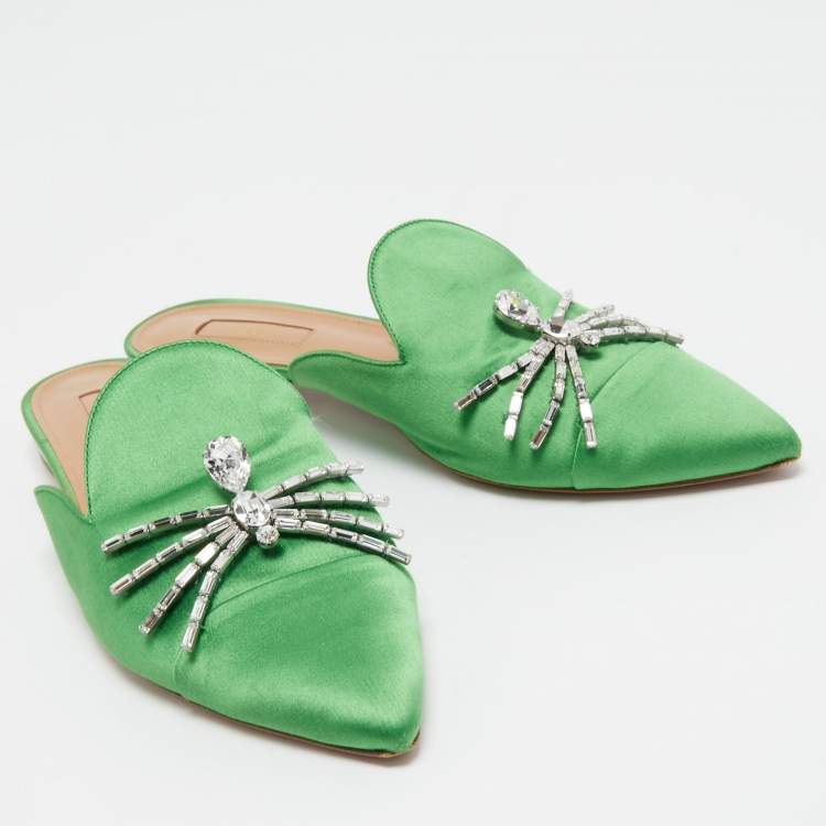 Pre Owned Aquazzura Green Satin Crystal Embellished Spider Pointed Toe Flat Mules Size 40