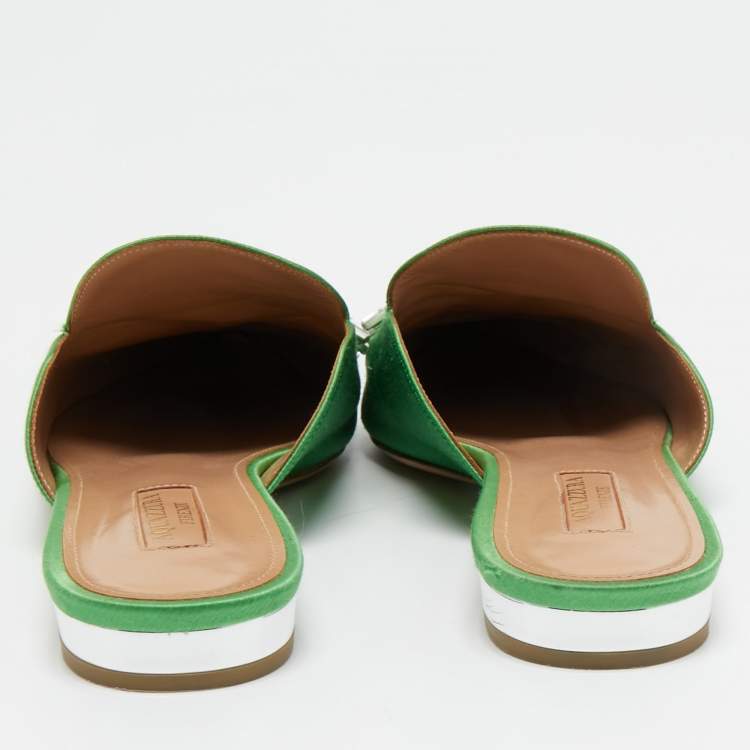 Pre Owned Aquazzura Green Satin Crystal Embellished Spider Pointed Toe Flat Mules Size 40