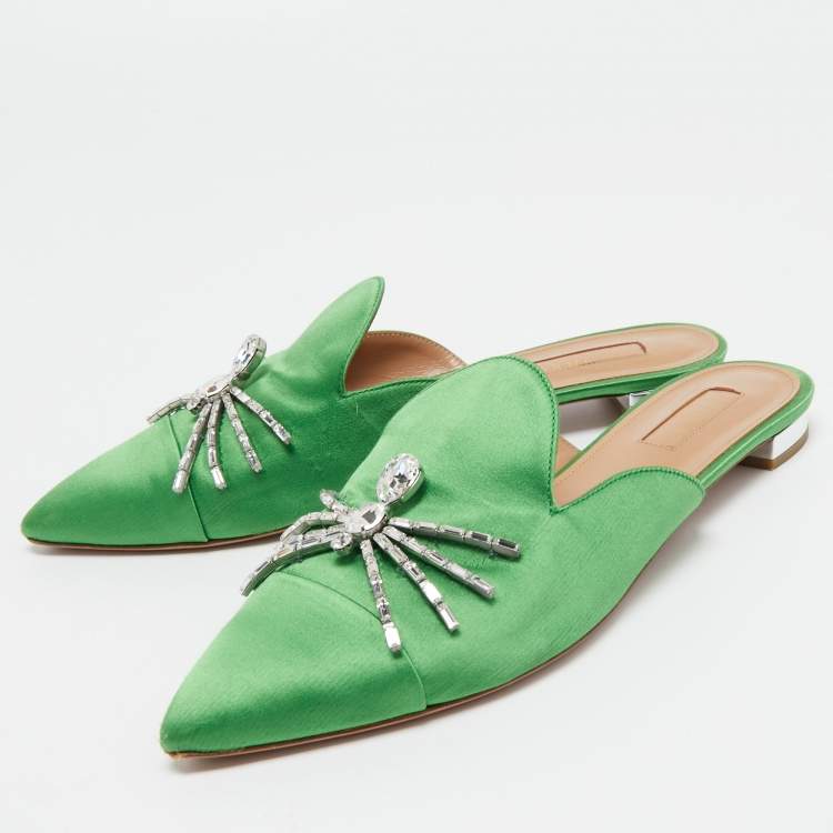 Pre Owned Aquazzura Green Satin Crystal Embellished Spider Pointed Toe Flat Mules Size 40