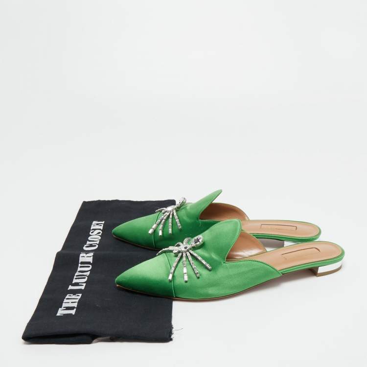 Pre Owned Aquazzura Green Satin Crystal Embellished Spider Pointed Toe Flat Mules Size 40