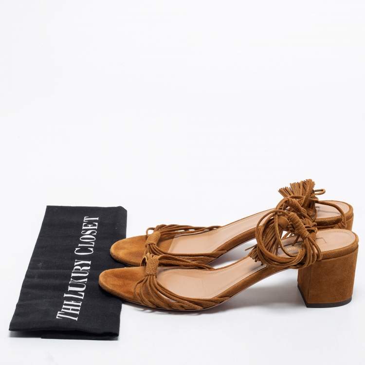 مملوكة مسبقًا Aquazzura Brown Suede Ankle Strap Sandals Size 39.5