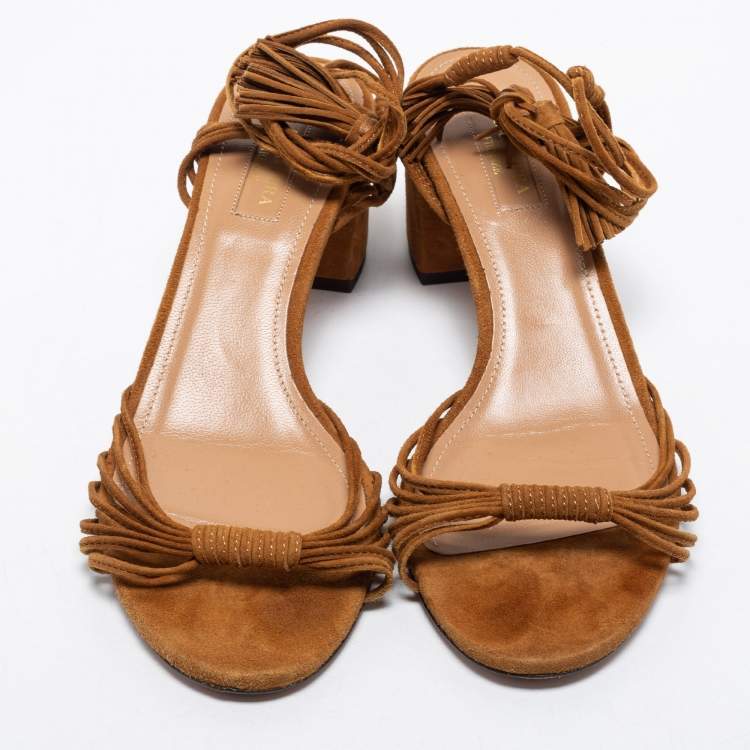 مملوكة مسبقًا Aquazzura Brown Suede Ankle Strap Sandals Size 39.5