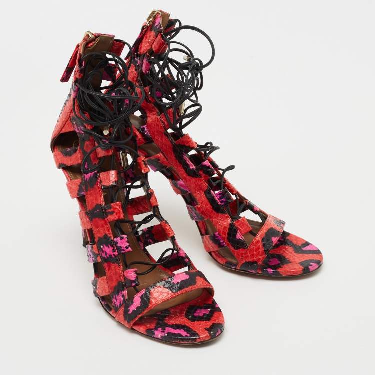 Pre Owned Aquazzura Tricolor Embossed Snakeskin Amazon Sandals Size 38